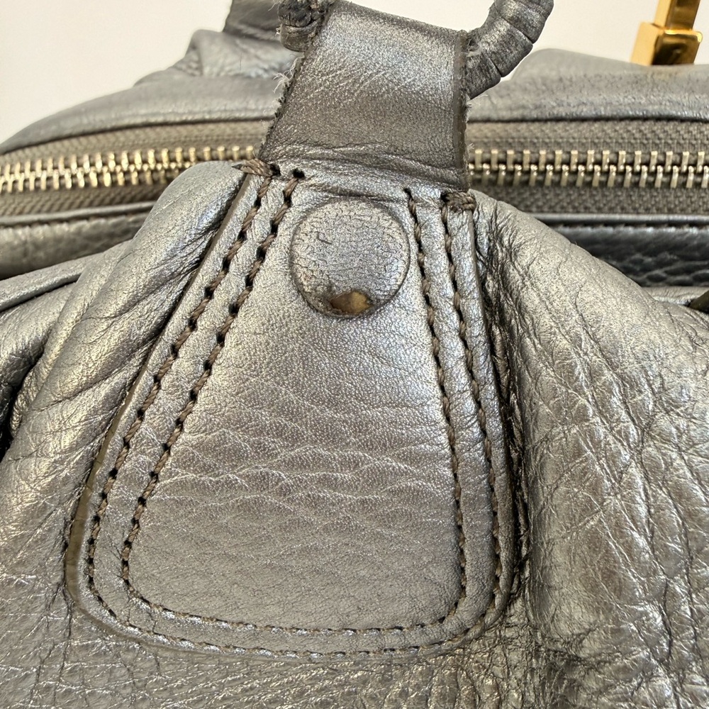 Cole Haan Silver Pebbled Leather Satchel Shoulder Bag Double Handle Zip Top - Picture 9 of 16